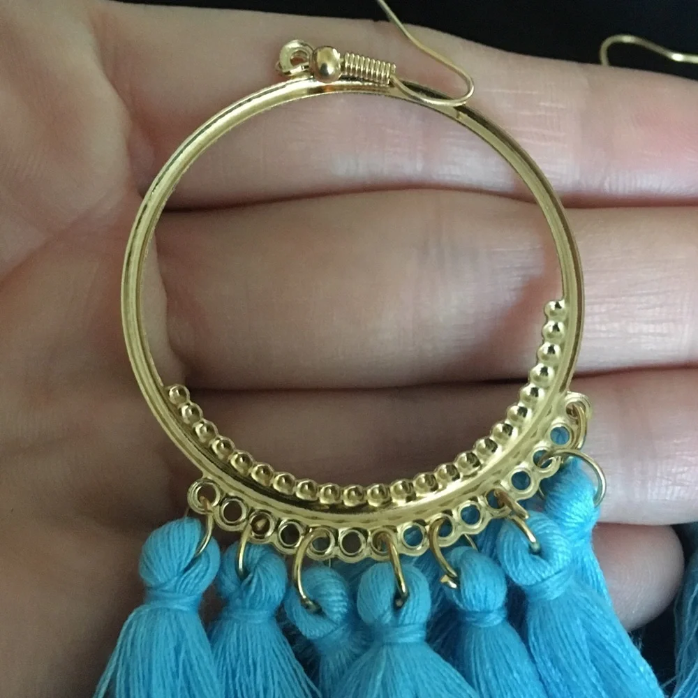 Fan Shaped Blue Tassel Dangle Earrings